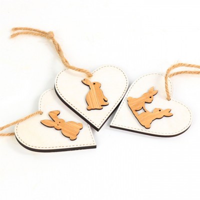 White Heart Shape Easter Pendant Ornaments Set of 3 Hanging Decorations Raw Bamboo Wooden Cute Rabbit Bunny